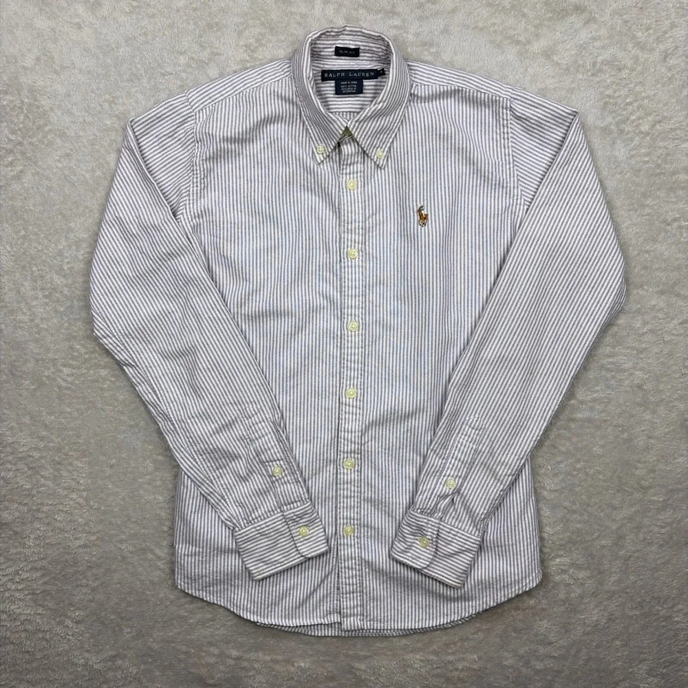 Ralph Lauren Button Down Shirt Womens 4 Blue White Striped Slim Fit Oxford Pony - Picture 2 of 11